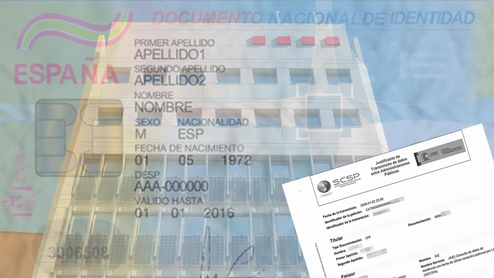 Montaje en el que aparece el justificante que encontró la madre de Ferran con un DNI y una comisaría de fondo