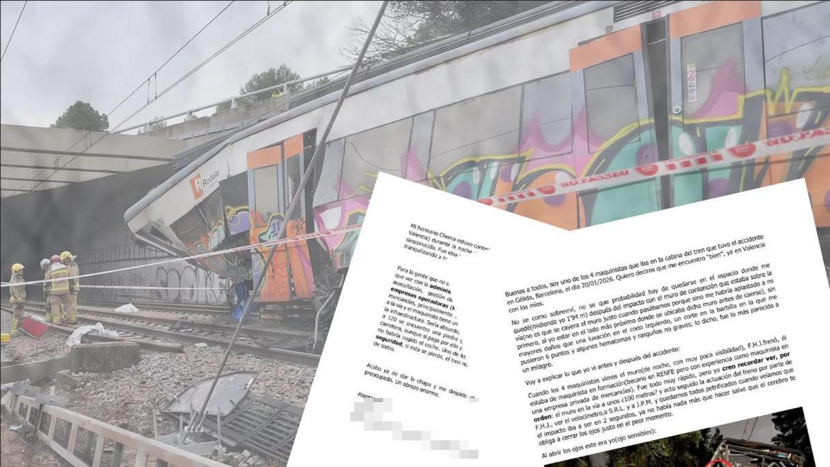 Imagen del tren de Rodalies accidentado en Gelida y carta de un maquinista