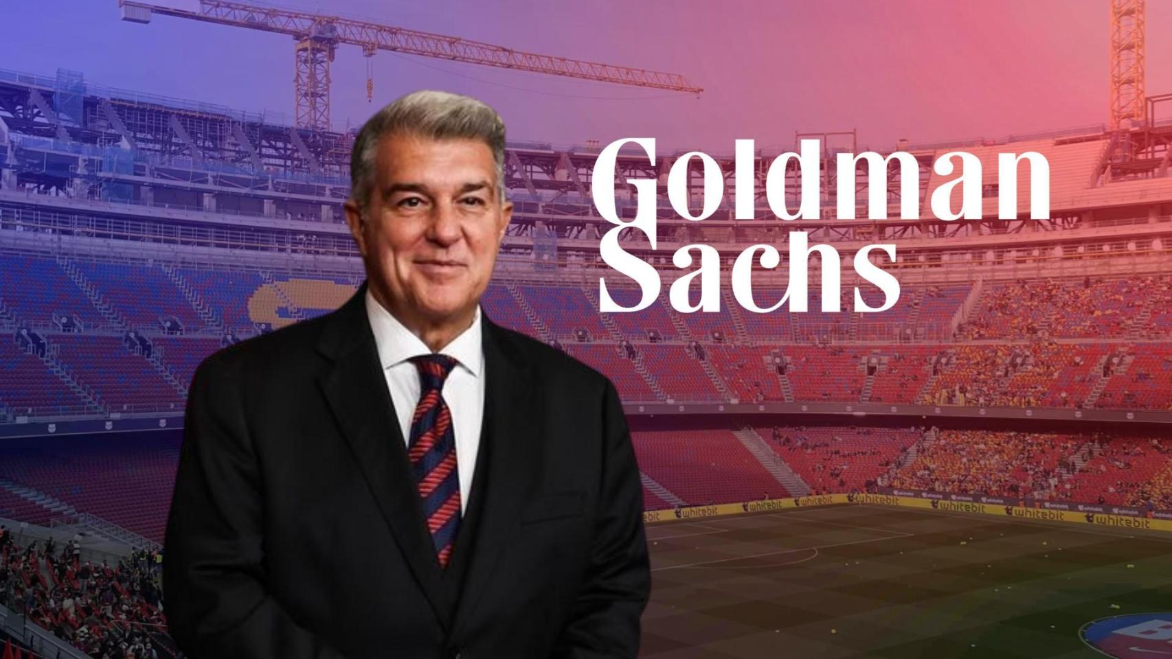 Joan Laporta, en un fotomontaje con el logotipo de Goldman Sachs y el nuevo Camp Nou de fondo