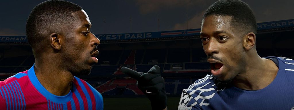 Dues fotografies d'Ousmane Dembelé, una amb el Barça i una altra amb el PSG, en un muntatge