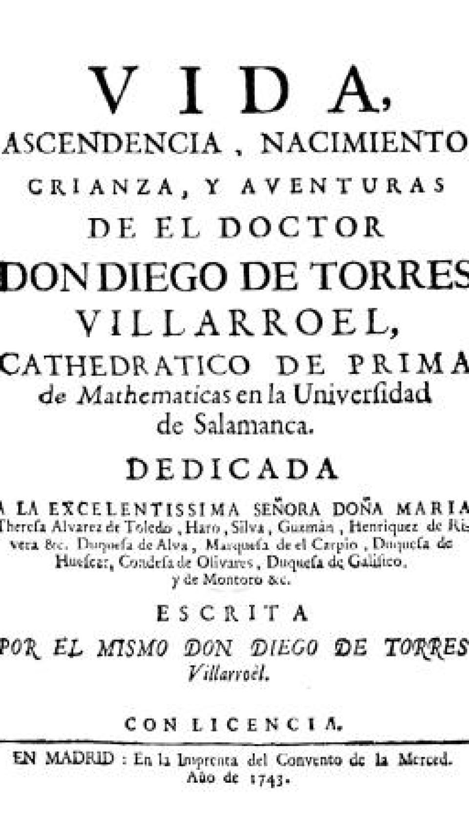 Portada de la primera edició de 'Vida', de Diego de Torres i Villarroel (1743)