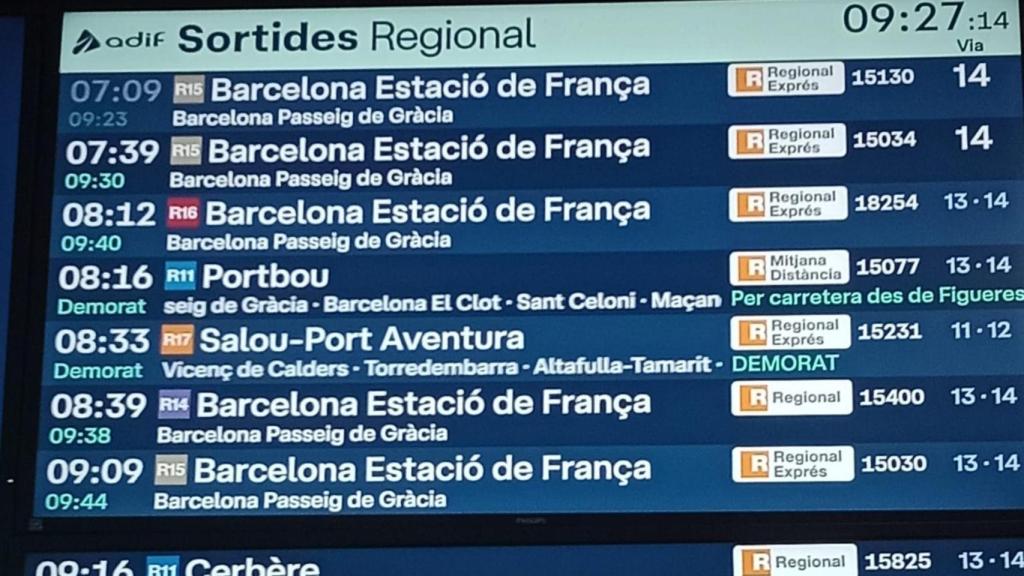 Pantalla con la información de los retrasos en Rodalies