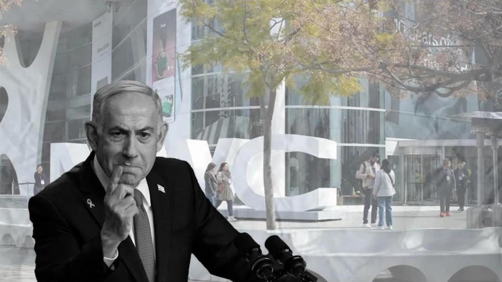 El presidente de Israel, Benjamin Netanyahu, y una imagen del Mobile World Congress