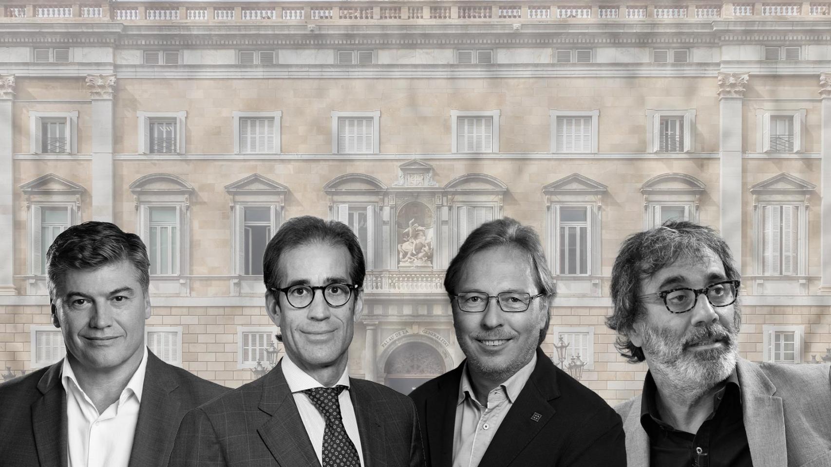 Antoni Cañete, Pau Relat, Josep Santacreu y Tatxo Benet en un fotomontaje con el Palau de la Generalitat de fondo