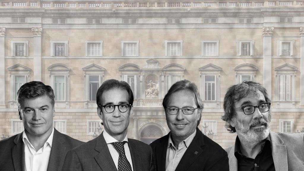 Antoni Cañete, Pau Relat, Josep Santacreu y Tatxo Benet en un fotomontaje con el Palau de la Generalitat de fondo