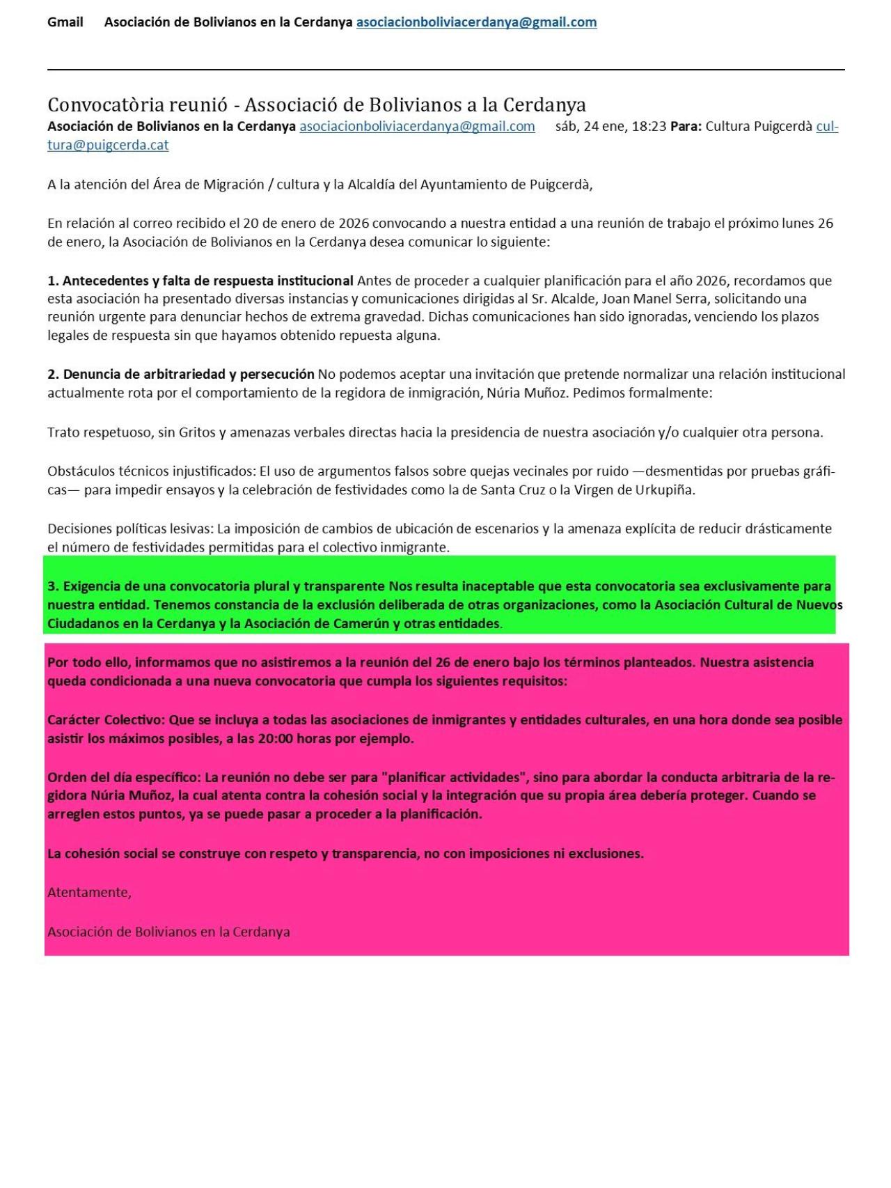 El correo en que la Asociación de Bolivianos en la Cerdanya declina la petición de reunión del consistorio