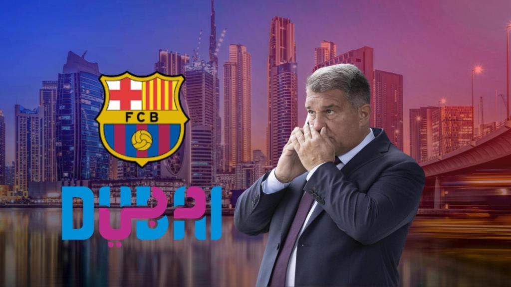 Joan Laporta, en un fotomontaje con los logotipos del Barça y Dubai