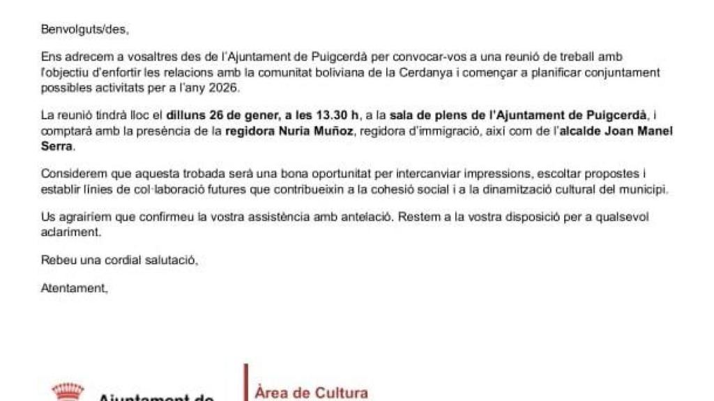 Un correo enviado a la Asociación de Bolivianos en la Cerdanya de parte del Ayuntamiento de Puigcerdà para convocar una reunión