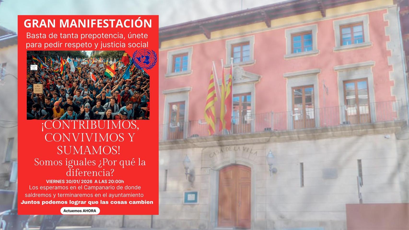 Imagen del cartel de la protesta de este viernes con el consistorio de Puigcerdà en el fondo