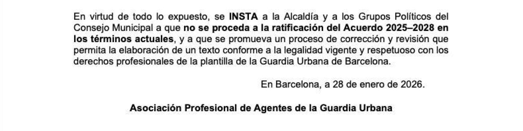 Parte del escrito formal enviado al Ayuntamiento de Barcelona