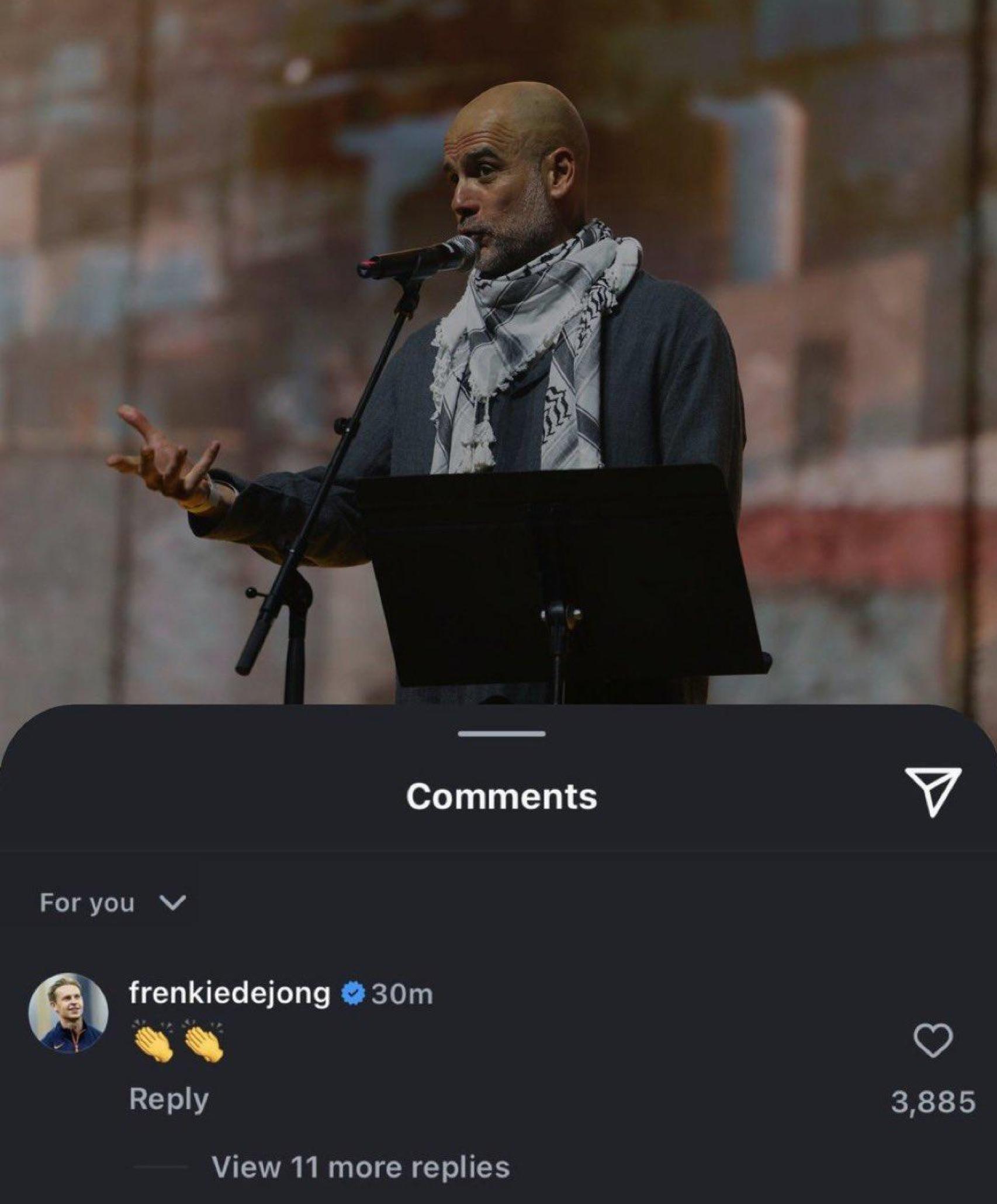 Frenkie de Jong aplaude el discurso de Pep Guardiola a favor de Palestina