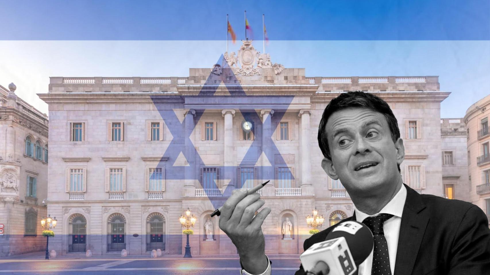 Fotomontaje de Manuel Valls, junto a una bandera de Israel y la fachada del Ayuntamiento de Barcelona