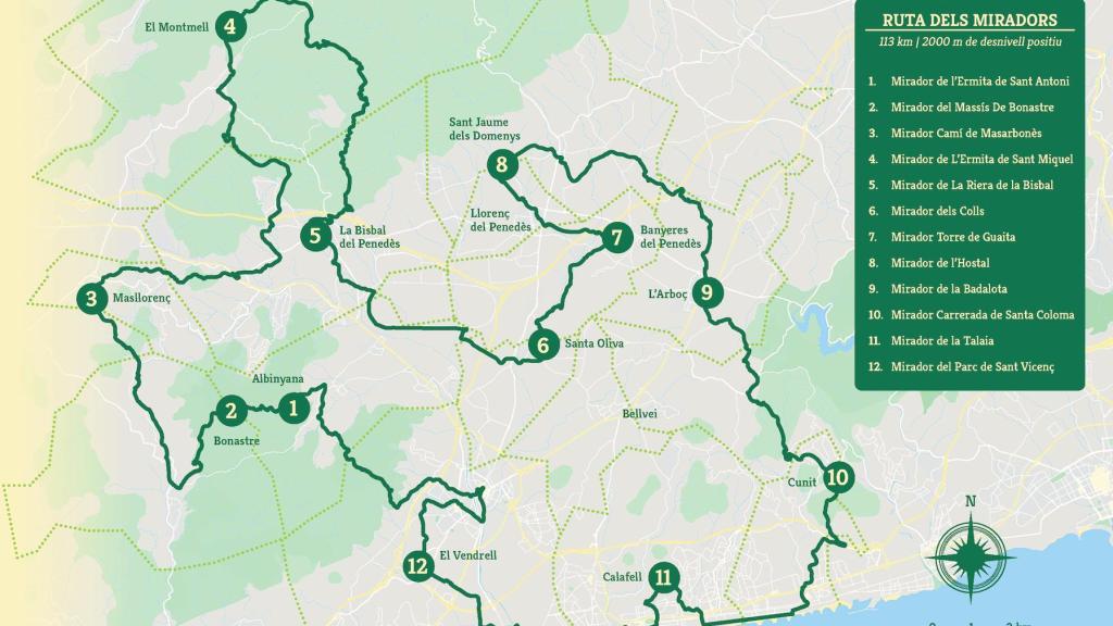 Mapa de la ruta de los miradores del Penedès