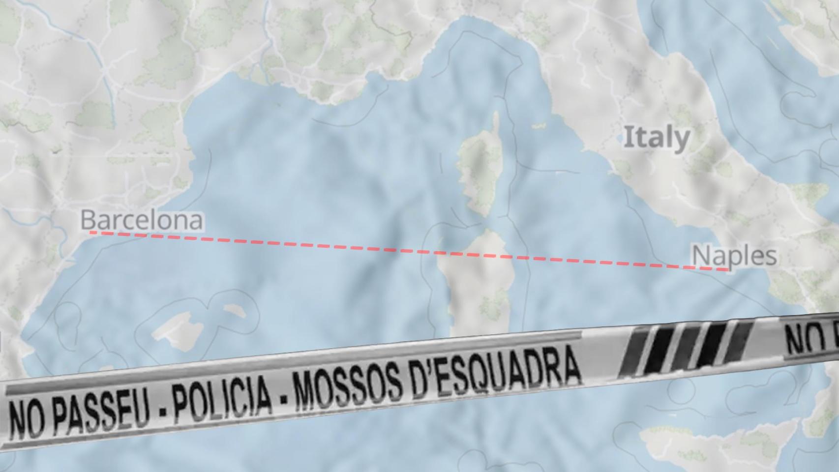 Montaje con un mapa que conecta Nápoles con Barcelona, siguiendo la ruta del dinero falso que llega a Cataluña