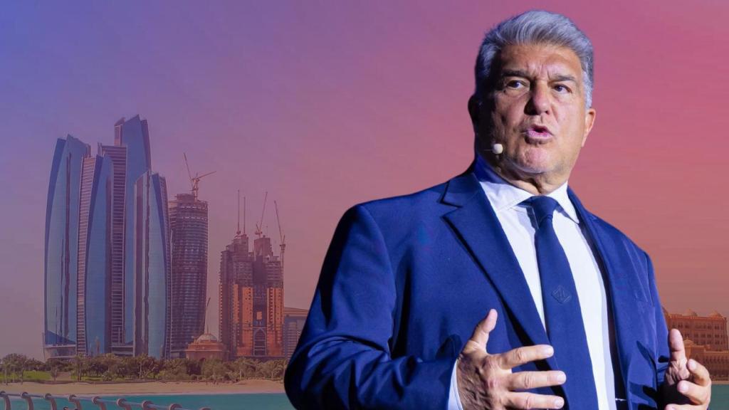 Joan Laporta, en un fotomuntatge amb la ciutat d'Abu Dhabi de fons