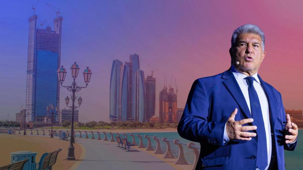 Joan Laporta, en un fotomontaje con la ciudad de Abu Dabi de fondo