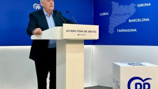 El secretario general del PP de Cataluña, Santi Rodríguez, esta mañana en la sede del partido en Barcelona