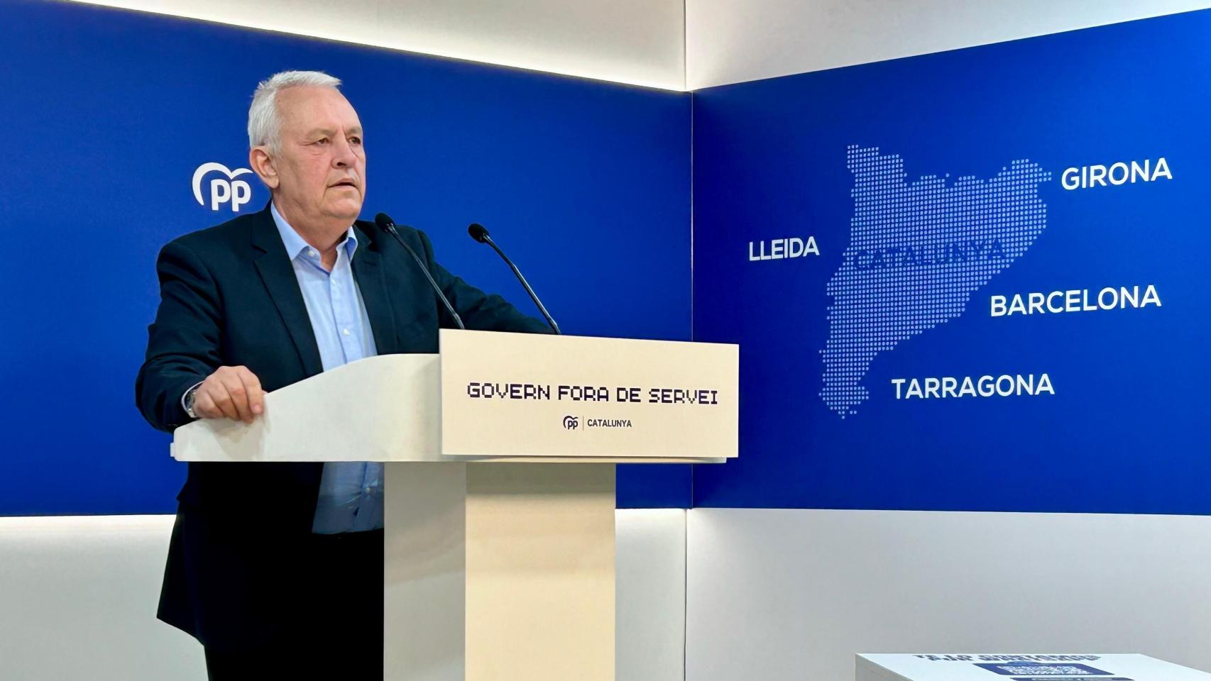 El secretario general del PP de Cataluña, Santi Rodríguez, esta mañana en la sede del partido en Barcelona