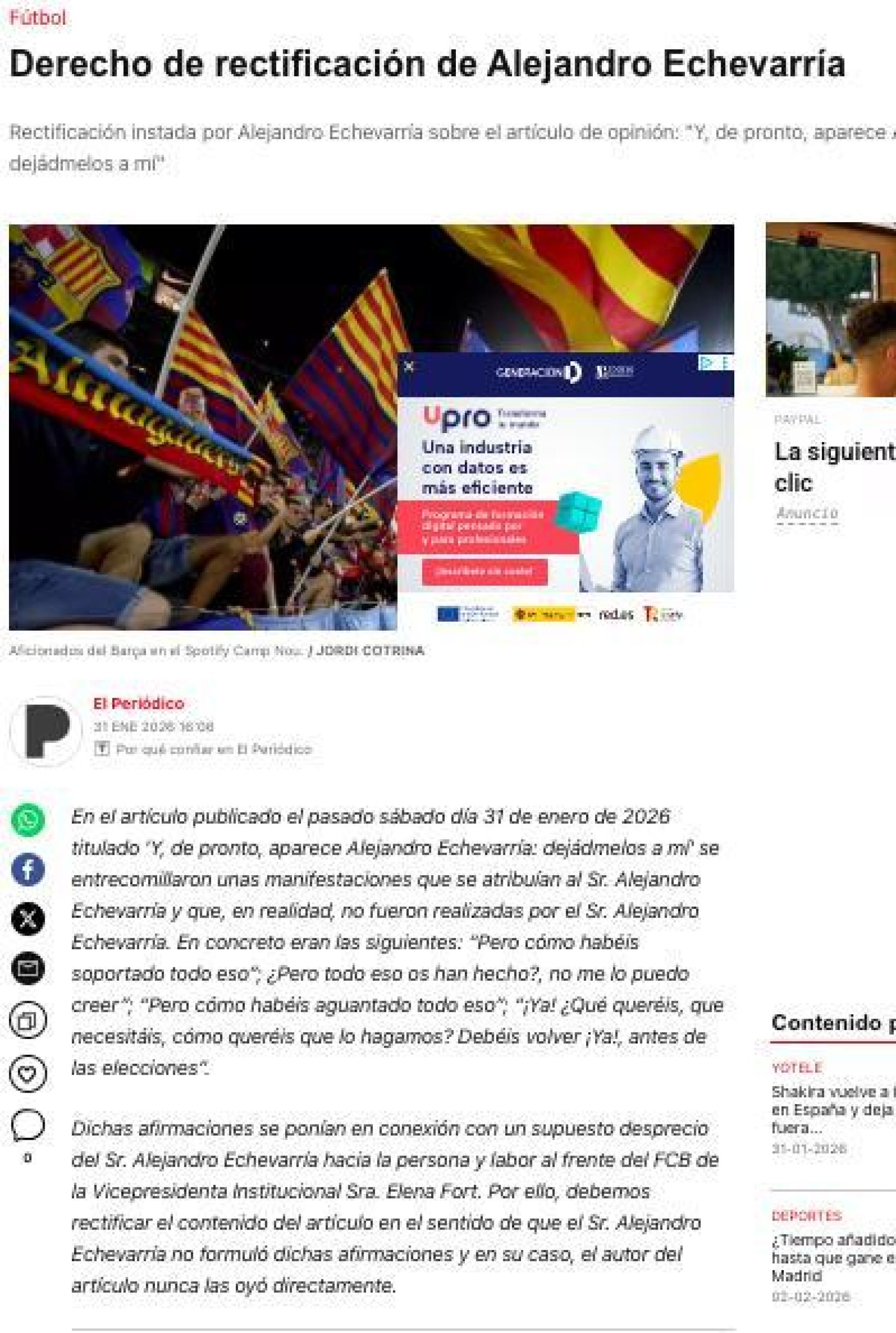 Dret de rectificació d'El Periódico després d'un article sobre Alejandro Echevarría