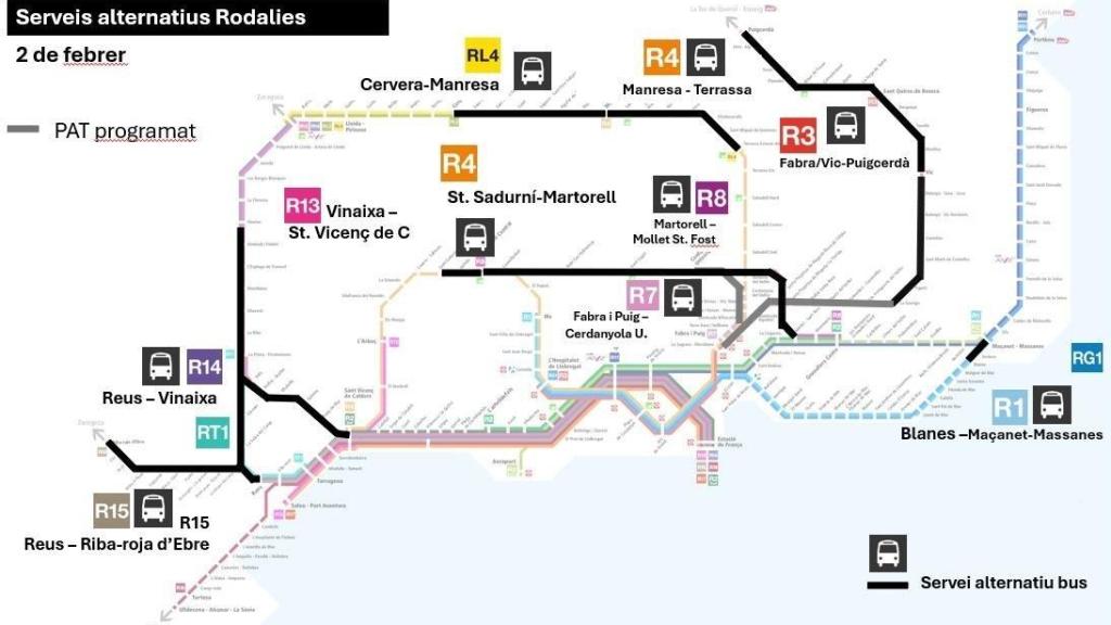 Mapa de los servicios alternativos de Rodalies