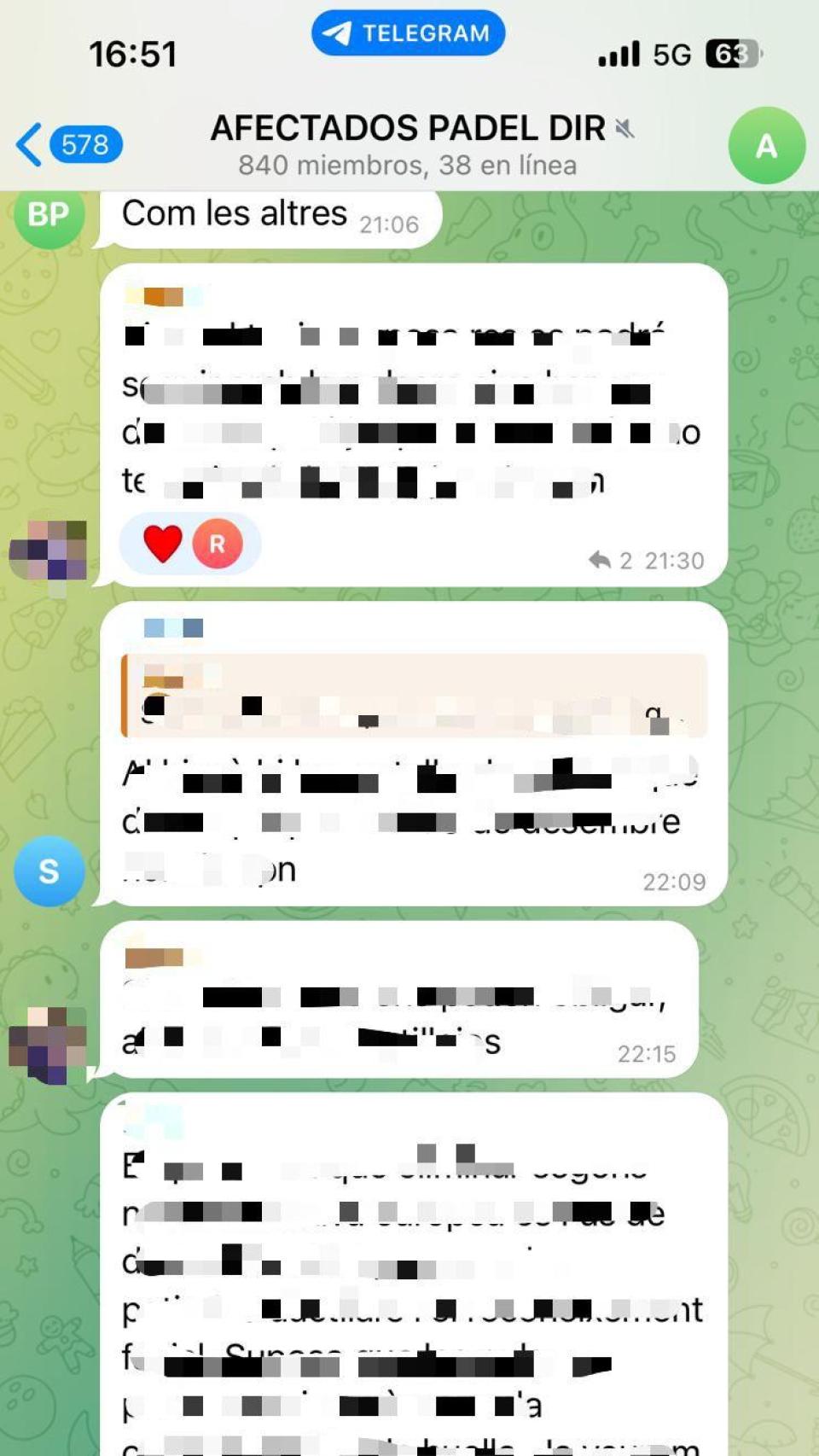 Una captura de pantalla del grupo de Telegram AFECTADOS PADEL DIR