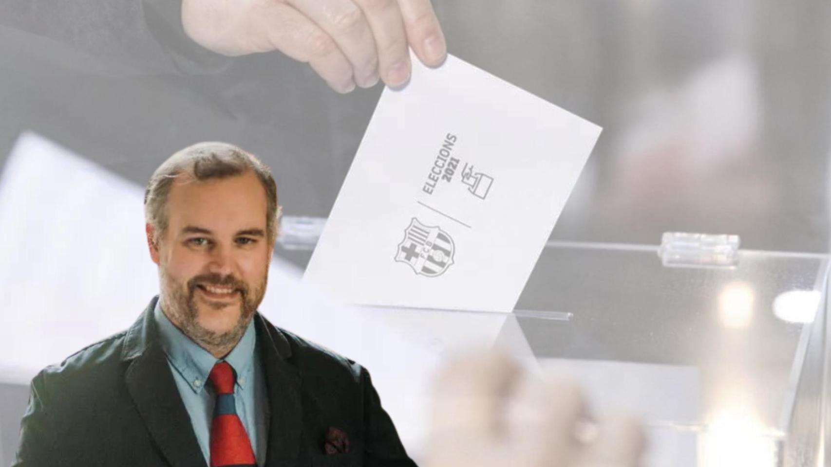 William Maddock con una urna electoral del Barça de fondo