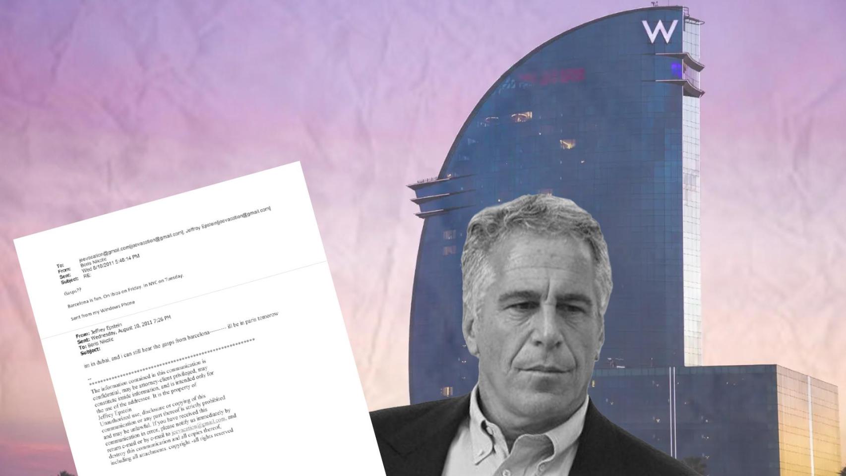 Jeffrey Epstein con el Hotel W en el fondo y uno de los documentos en los que se menciona la ciudad de Barcelona