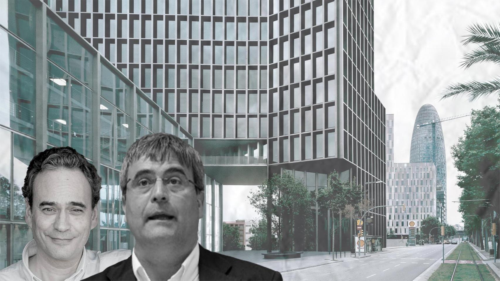 Jordi Soler y Miguel Cardenal con la sede de Mediapro de fondo