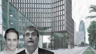 Jordi Soler y Miguel Cardenal con la sede de Mediapro de fondo