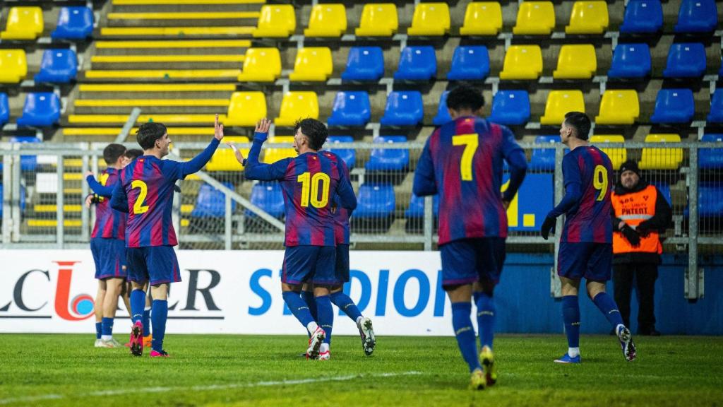 El Juvenil celebra un gol al Juvenil A-Maccabi Haifa de la UEFA Youth League