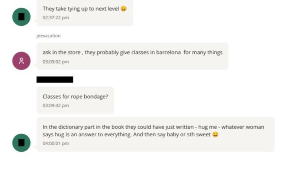 Parte de la conversación en la que se mencionan las clases de 'rope bondage' en Barcelona