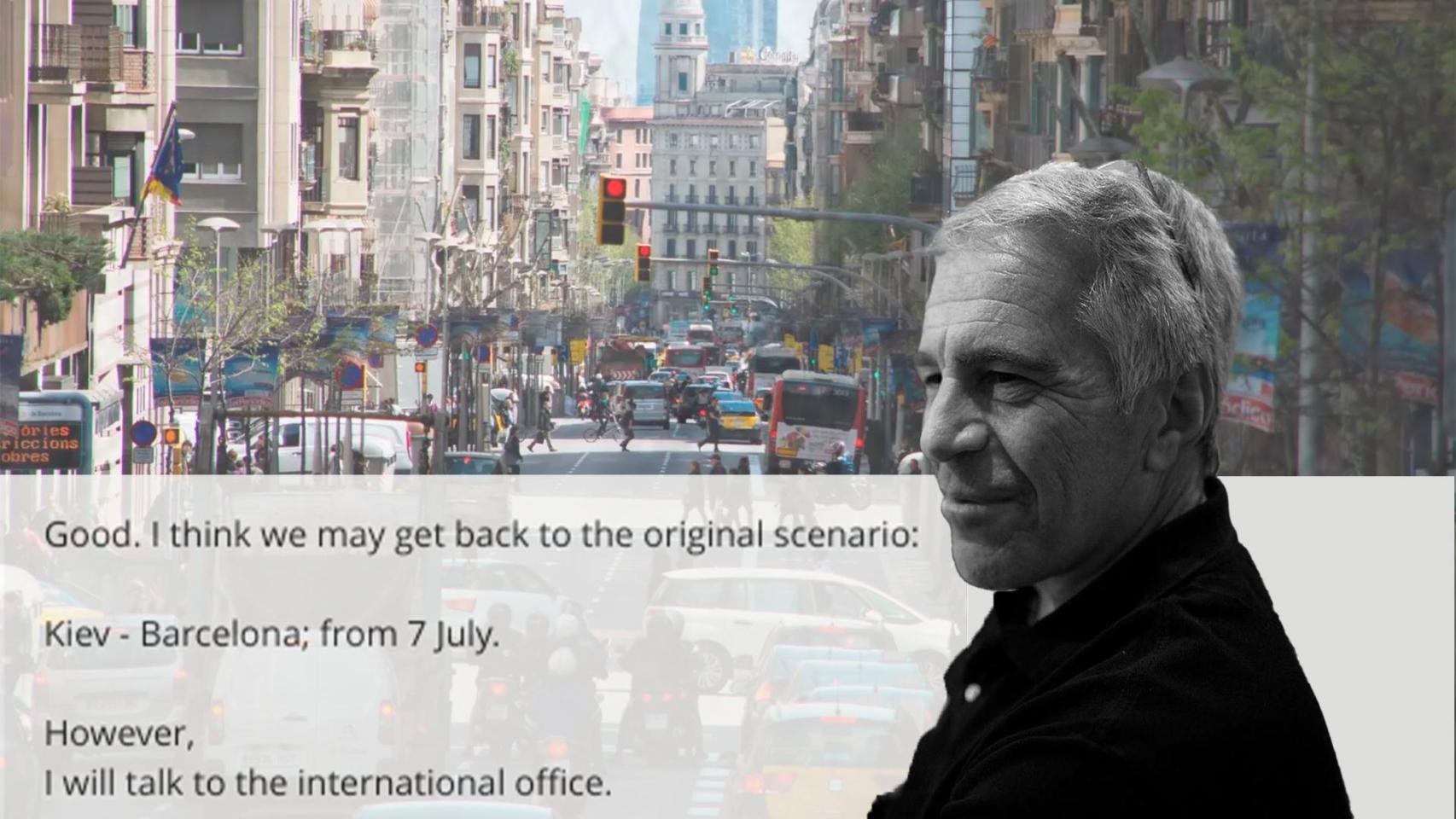 Una imagen de Epstein con Barcelona de fondo y uno de los mensajes sobre viajar a la ciudad