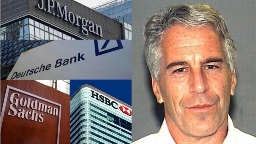 Jeffrey Epstein, en un montaje con edificios de grandes bancos