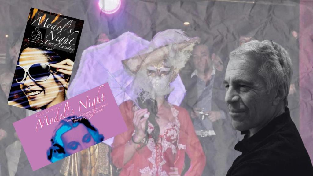 Un fotomontaje del evento 'Model's Night' del restaurante Buda de Barcelona, dos volantes publicitarios y una imagen de Jeffrey Epstein