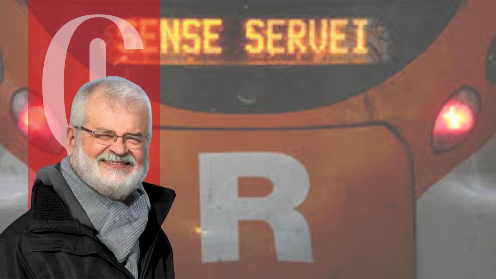 Un fotomontaje de Guillem Bota con una imagen de un tren de Rodalies fuera de servicio de fondo