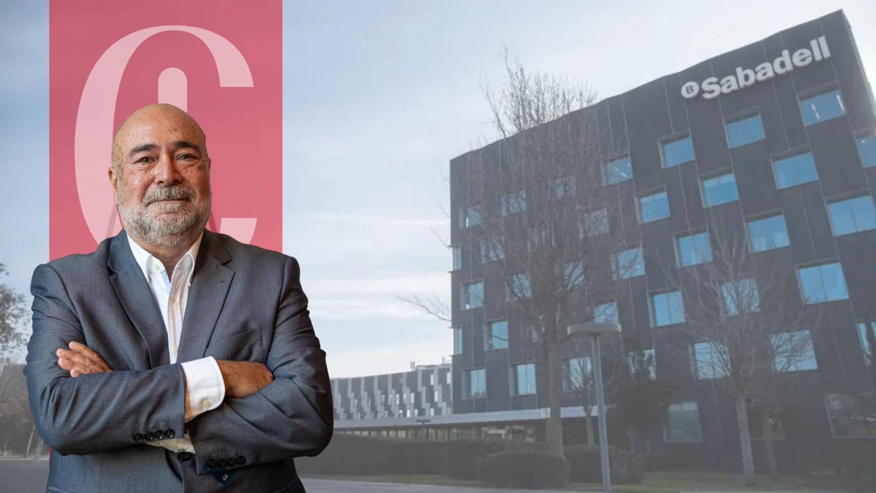Un montaje de Xavier Salvador con una imagen del centro corporativo de Banco Sabadell en Sant Cugat del Vallès