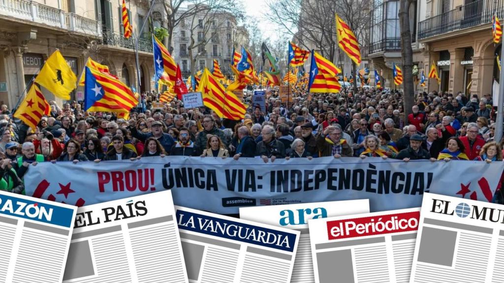 Montaje con la fotografía de la manifestación independentista contra el caos de Rodalies este sábado
