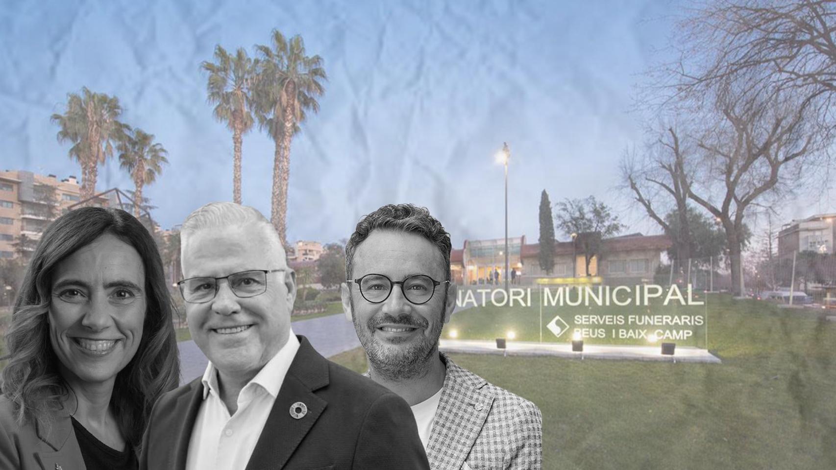 Un fotomontaje de la alcaldesa de Reus, Sandra Guaita; el alcalde de Salou, Pere Granados; y el alcalde de Vila-Seca, Pere Segura, con la imagen del tanatorio municipal de Reus (FuneCamp, Serveis Funeraris Municipals) de fondo