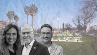 Un fotomontaje de la alcaldesa de Reus, Sandra Guaita; el alcalde de Salou, Pere Granados; y el alcalde de Vila-Seca, Pere Segura, con la imagen del tanatorio municipal de Reus (FuneCamp, Serveis Funeraris Municipals) de fondo