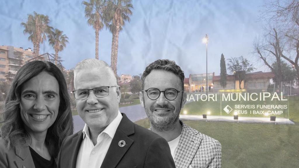Un fotomontaje de la alcaldesa de Reus, Sandra Guaita; el alcalde de Salou, Pere Granados; y el alcalde de Vila-Seca, Pere Segura, con la imagen del tanatorio municipal de Reus (FuneCamp, Serveis Funeraris Municipals) de fondo
