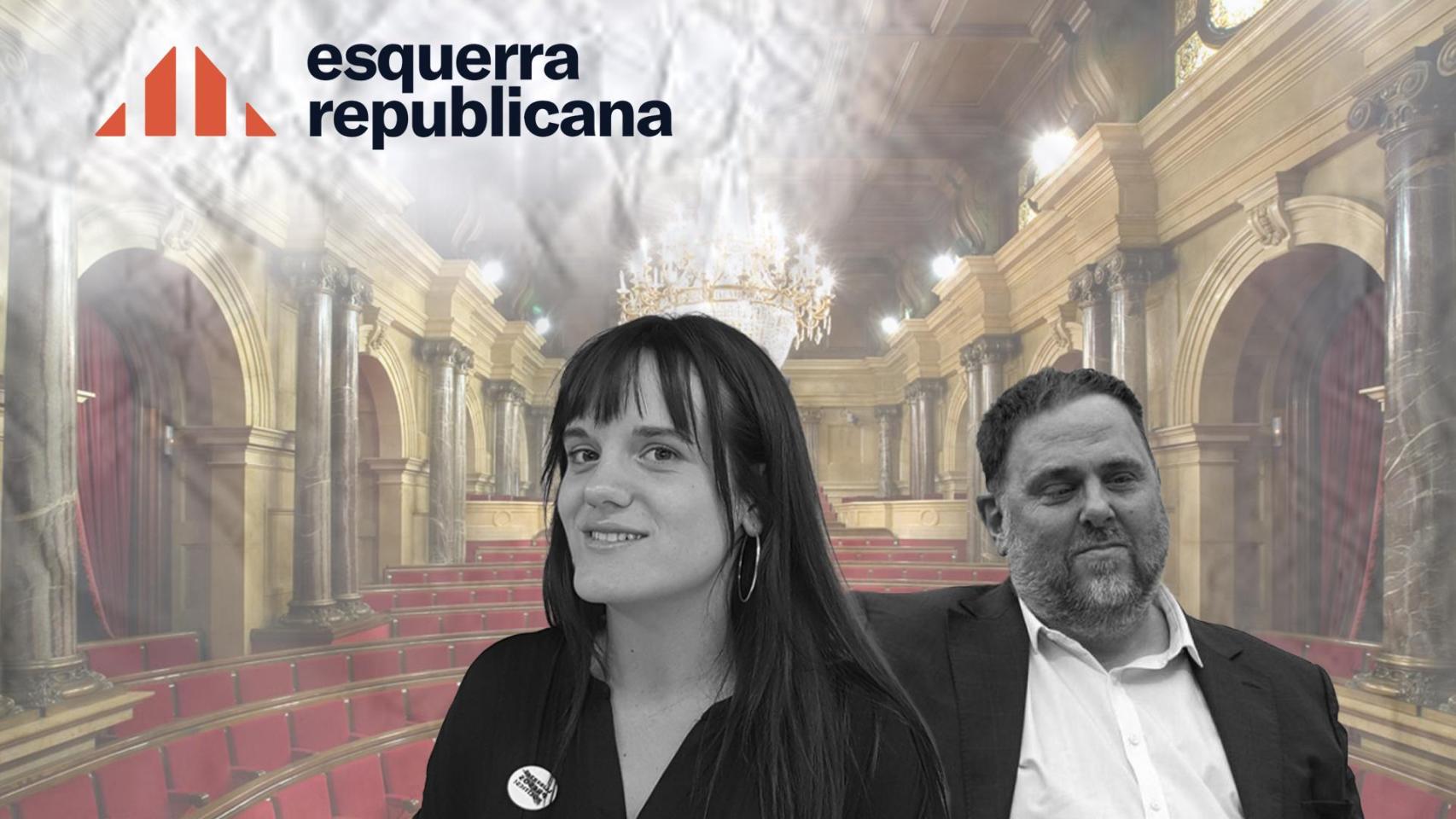 Fotomontaje de Alba Camps, Oriol Junqueras y el hemiciclo del Parlament