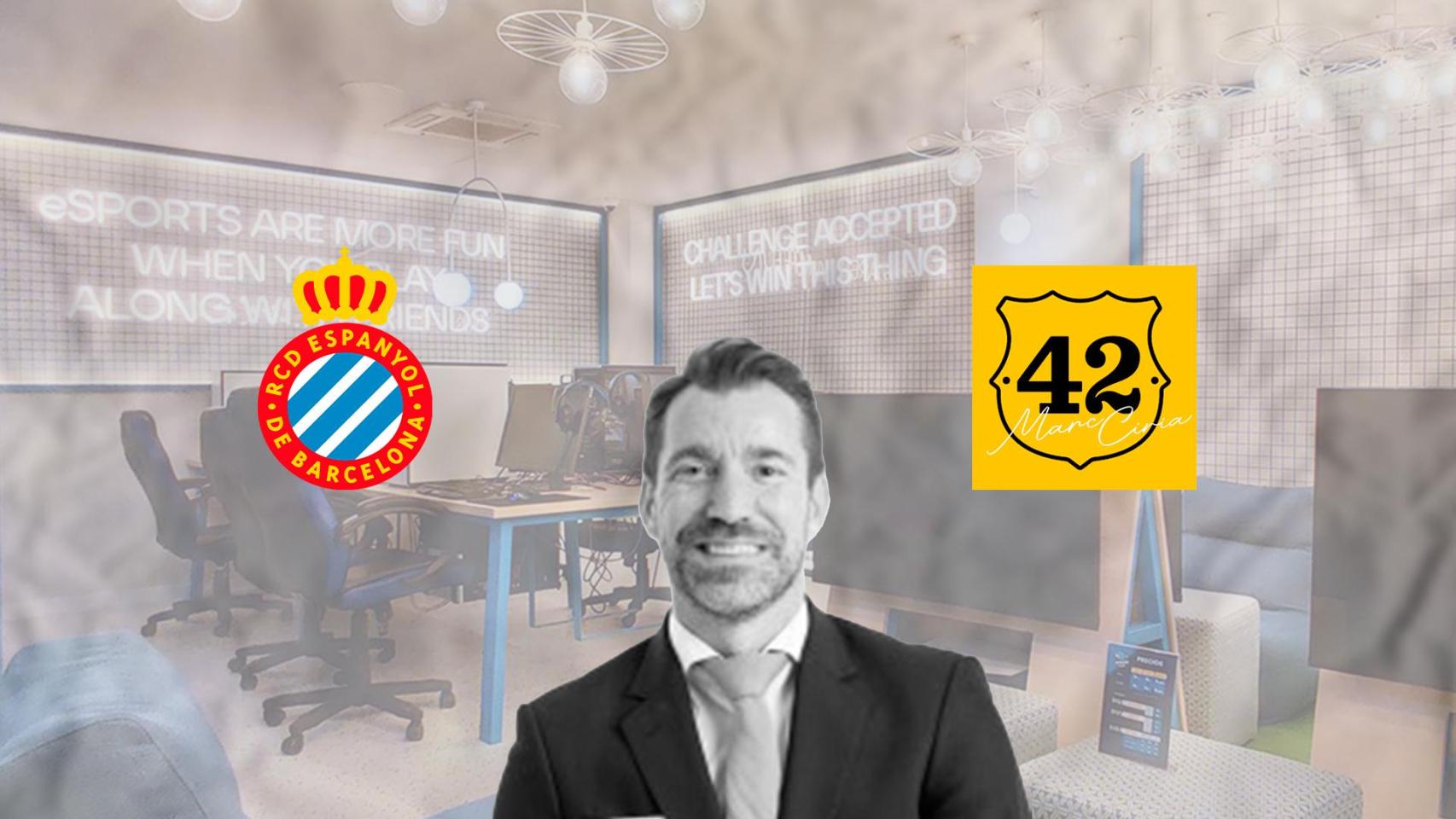 Un montaje de Marc Ciria con el 'hub' del RCD Espanyol de fondo, el logo de su precandidatura y el escudo del cuadro blanquiazul