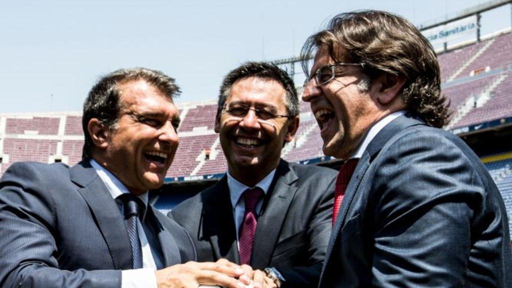 Agustí Benedito, Joan Laporta, Josep Maria Bartomeu y Toni Freixa, en una sesión fotográfica antes de las elecciones del Barça en 2015