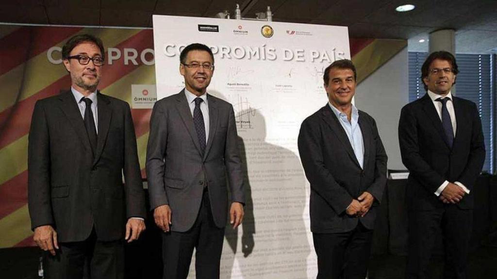 Agustí Benedito, Josep Maria Bartomeu, Joan Laporta y Toni Freixa, en la campaña electoral de las elecciones del Barça en 2015