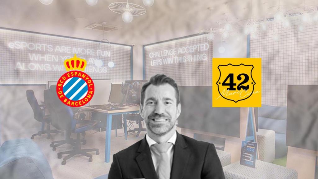 Un montaje de Marc Ciria con el 'hub' del RCD Espanyol de fondo, el logo de su precandidatura y el escudo del cuadro blanquiazul