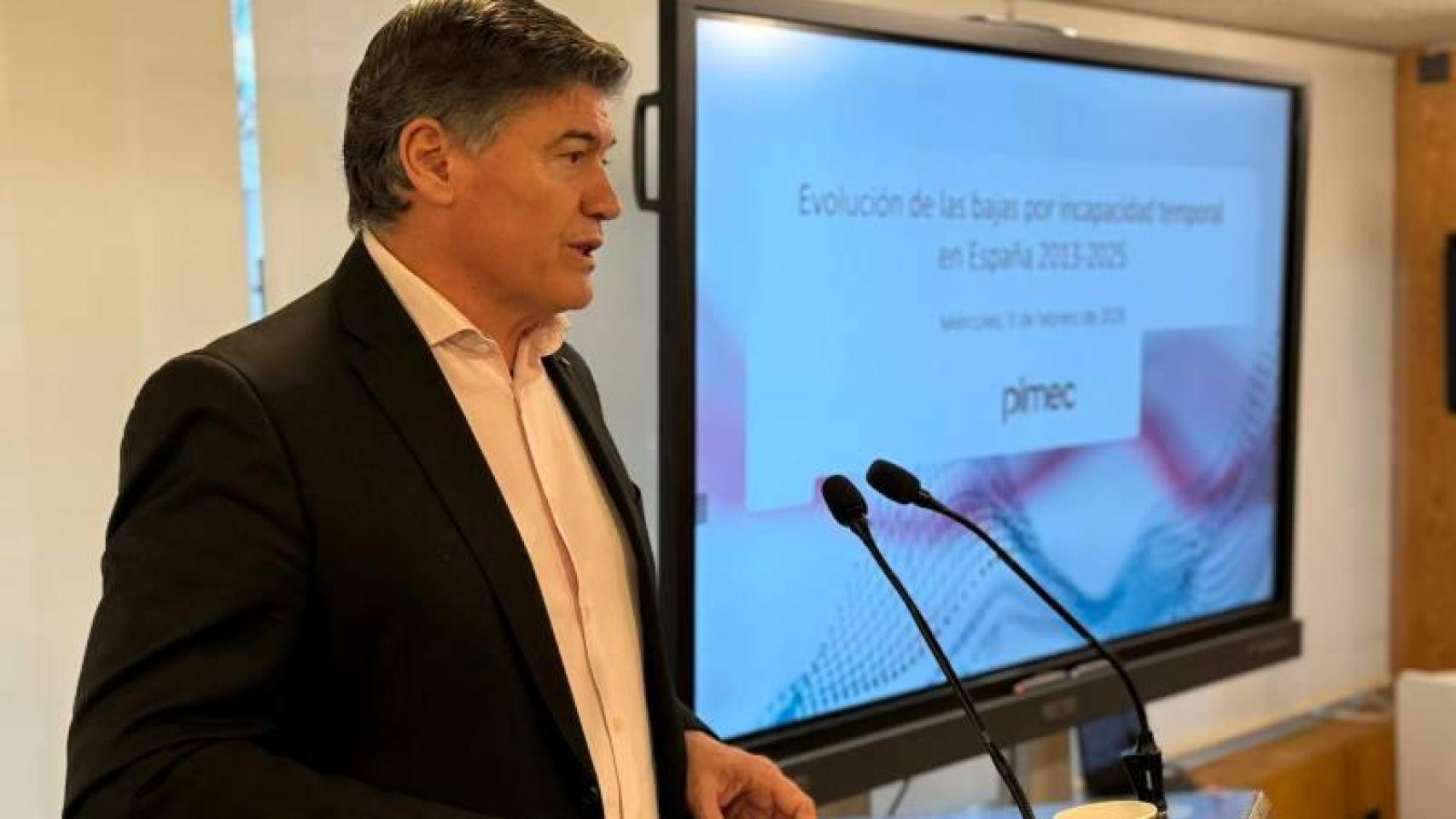 El presidente de Pimec, Antonio Cañete, durante la presentación del informe del Observatorio de la pyme de Cataluña sobre la incapacidad temporal / PIMEC