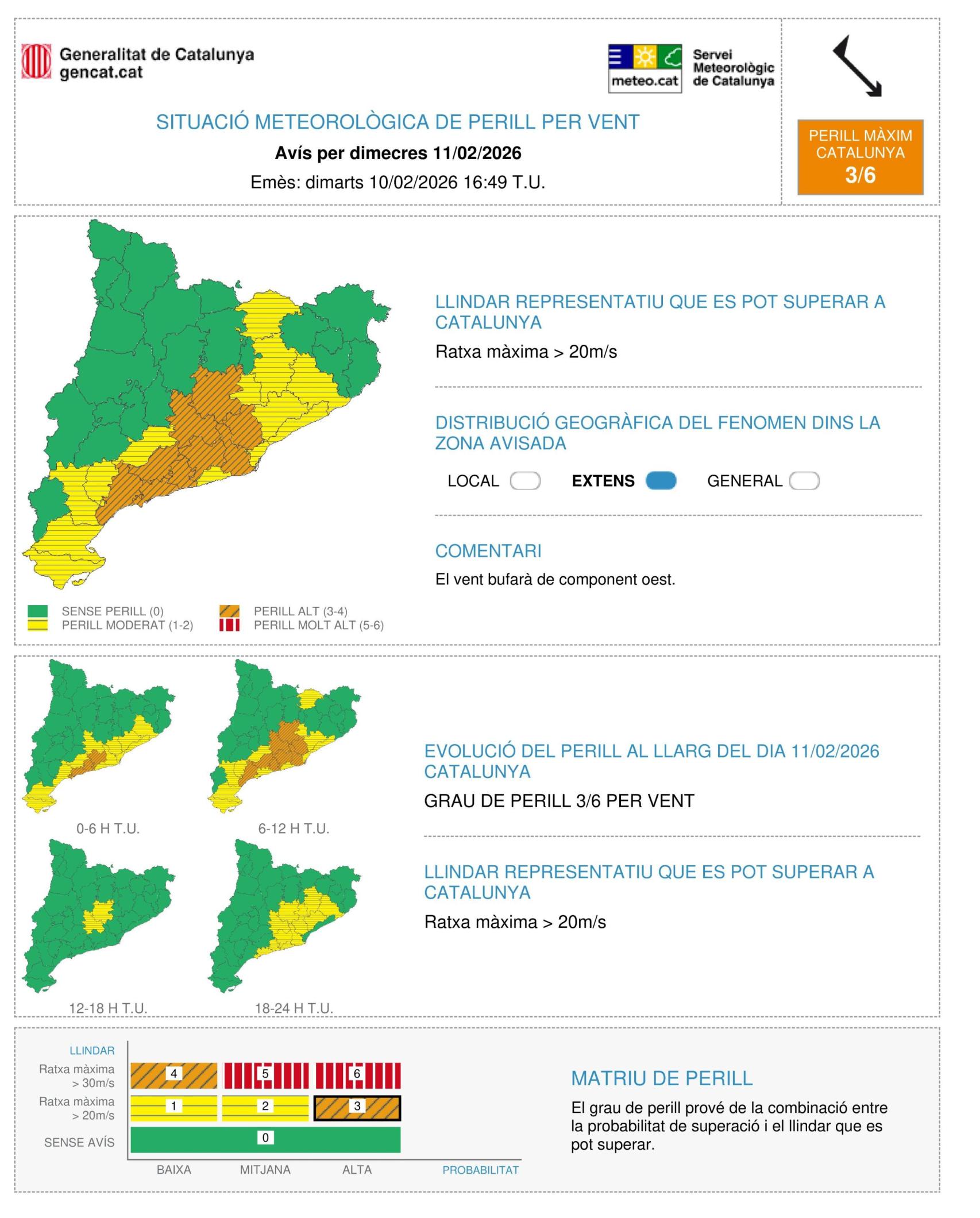 Mapa de alerta por viento en Cataluña
