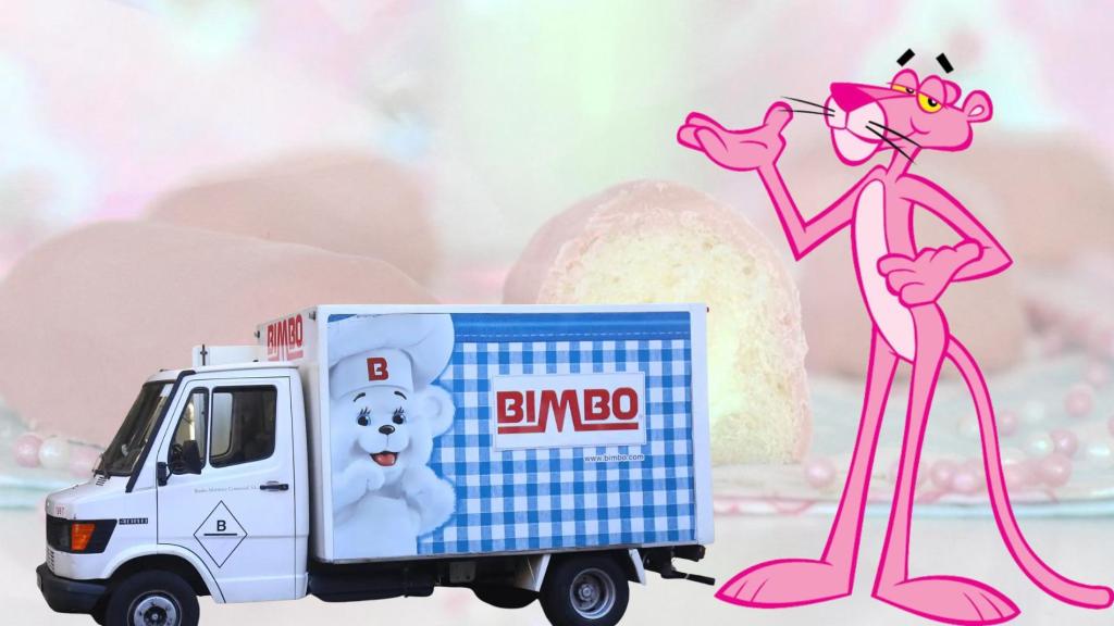 Un montaje de la Pantera Rosa, la figura y el pastel; y un camión de Bimbo