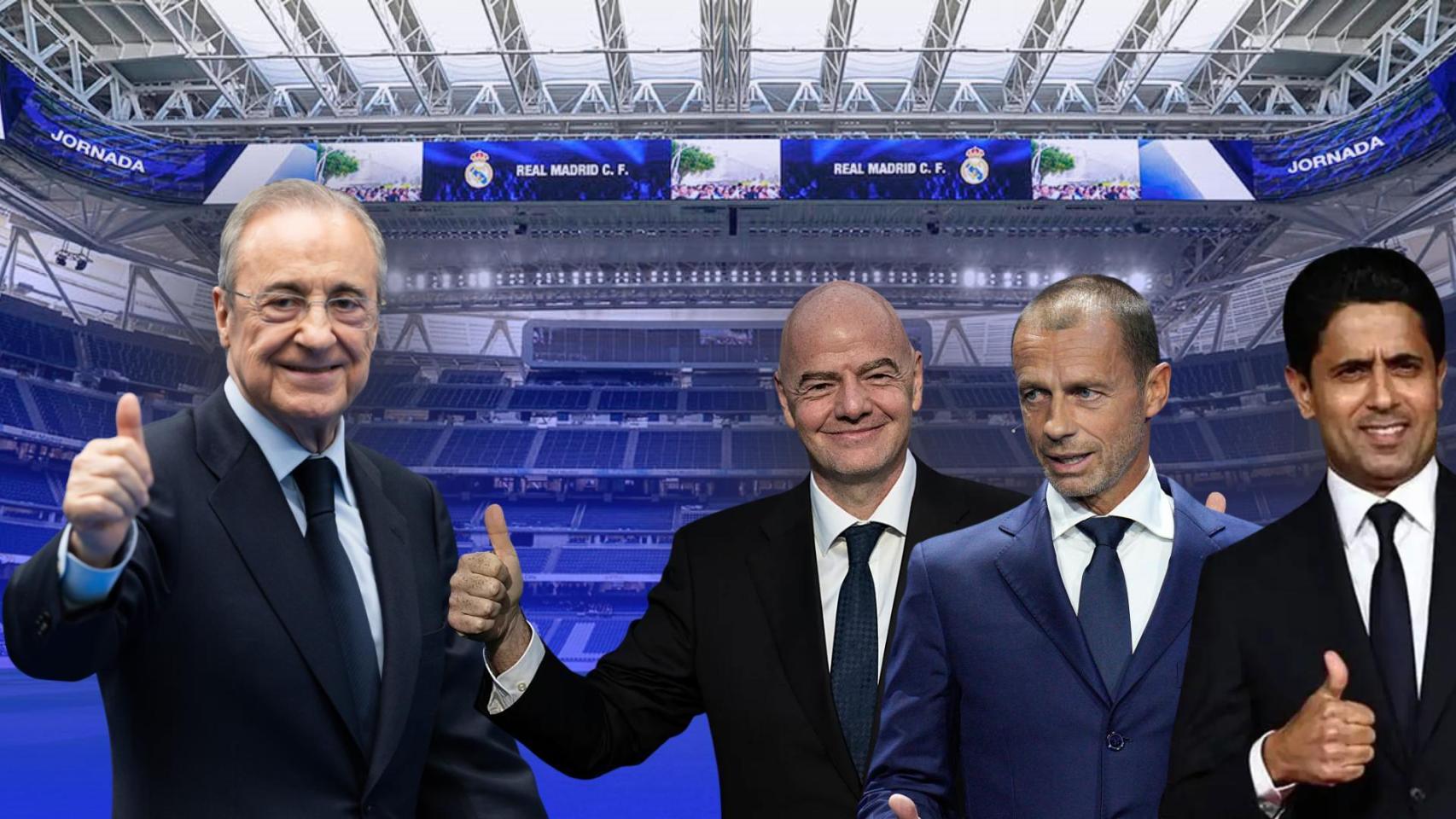 Florentino Pérez, en un fotomontaje junto a Gianni Infantino, Aleksander Ceferin y Nasser Al-Khelaifi