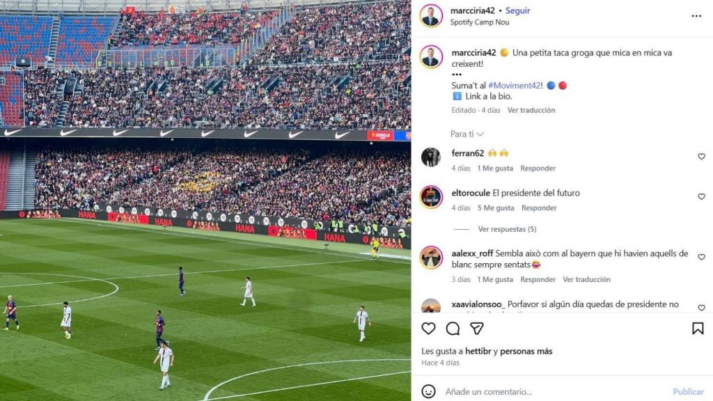La publicació a Instagram de Marc Ciria on celebra la presència de samarretes grogues al Spotify Camp Nou